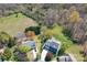 Aerial shot reveals the home's setting with its long driveway, mature trees, and expansive, well-maintained lot at 8201 Tonawanda Dr, Charlotte, NC 28277