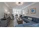 Spacious living room with a comfortable blue sofa, modern decor, and plenty of natural light at 8201 Tonawanda Dr, Charlotte, NC 28277