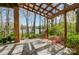 A patio with a pergola and seating overlooks a lake and surrounding trees at 928 Thorn Ridge Ln, Clover, SC 29710