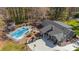 Expansive aerial view showcasing the home, in-ground pool, fenced yard and mature trees at 9401 Elvis Dr, Charlotte, NC 28215