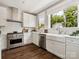 Bright kitchen featuring stainless steel appliances, a farmhouse sink, and beautiful dark hardwood floors at 317 Old Town Village Rd, Waxhaw, NC 28173