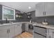Modern kitchenette with gray cabinets, stainless steel appliances, and sleek backsplash at 437 Chadmore Dr, Charlotte, NC 28270