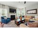Bright living room featuring a fireplace, large windows, and comfortable seating on hardwood floors at 5140 Oak Grove Pl, Waxhaw, NC 28173