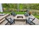 Inviting stone patio with a fire pit surrounded by four Adirondack chairs, perfect for outdoor relaxation at 5140 Oak Grove Pl, Waxhaw, NC 28173