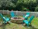 Enjoy evenings outside at the fire pit, with teal Adirondack chairs offering a cozy gathering space at 10133 Caldwell Forest Rd, Charlotte, NC 28213