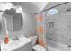 Bathroom featuring tub with shower, white vanity with bowl sink, and patterned shower curtain at 123 Southhaven Dr, Mooresville, NC 28117