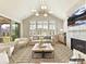 Light filled living room with fireplace, plantation shutters, and views of the landscaped backyard at 2013 Garden View Ln, Weddington, NC 28104
