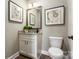 Bathroom with white vanity, granite countertop, framed mirror and toilet at 6026 Gray Shadow Ct, York, SC 29745