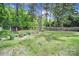 Lush backyard with mature trees, a storage shed, and garden space at 8509 Anette Ave, Mint Hill, NC 28227