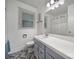 Bathroom with a gray vanity, white countertops, updated fixtures, and a window for natural light at 8509 Anette Ave, Mint Hill, NC 28227