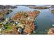 Stunning aerial view of lakefront homes surrounded by colorful autumn trees, offering serene waterfront living and scenic beauty at 226 Hermance Ln, Mooresville, NC 28117