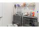 Functional laundry room with modern washer and dryer, wire shelving and organized cleaning supplies at 3222 Maple Ridge Dr, Gastonia, NC 28052