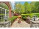 Manicured backyard patio beside a brick home features lush green landscaping and decorative plantings at 727 Mayfield Ct, Fort Mill, SC 29715