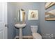 Charming powder room with pedestal sink, stylish mirror, and elegant wall art at 15311 Lake Ridge Rd, Charlotte, NC 28278