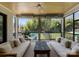 Inviting covered patio with comfortable seating, ceiling fan, heaters, and a view of the backyard pool at 300 Mammoth Oaks Dr, Charlotte, NC 28270