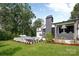 Inviting outdoor patio with modern seating, a fireplace, and serene views of the backyard at 401 Woodland St, Davidson, NC 28036