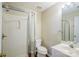 Clean bathroom featuring shower, sink, and toilet with modern fixtures at 6916 Sardis Green Ct, Charlotte, NC 28270