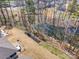 Scenic aerial view showcasing a well-maintained backyard, pond, and surrounding trees at 7056 Cornwallis Ct, Iron Station, NC 28080