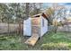 Backyard shed with a wooden door, ramp access, and partially boarded up window at 213 Turner Rd, Gastonia, NC 28056