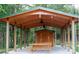 Stunning outdoor pavilion with ceiling fans, lights, wooden beams and posts, and picnic tables, perfect for entertaining guests at 1120 Millwright Ln, Matthews, NC 28104