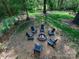 Scenic backyard showcasing a fire pit with Adirondack chairs in a tranquil, wooded setting at 4216 Maureen Dr, Charlotte, NC 28205