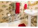 Charming powder room showcases unique wallpaper, a pedestal sink, and coordinated accessories for a stylish touch at 514 Saint Johns Dr, Salisbury, NC 28144