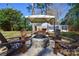 Inviting backyard fire pit area with stone surround, Adirondack chairs, and overhead canopy provides a great outdoor space at 5943 Charing Pl, Charlotte, NC 28211