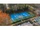 Overhead shot of well-maintained blue tennis court and fenced community pool surrounded by lounge chairs at 1001 Churchill Downs Ct # A, Charlotte, NC 28211