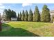 Large, grassy backyard featuring privacy trees and a storage shed at 12836 Harvest Time Ct, Charlotte, NC 28278