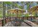 Inviting back deck with seating area, dining space, and umbrellas surrounded by lush trees at 17733 Colleton River Ln, Charlotte, NC 28278