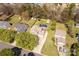 Aerial view of a property featuring a backyard pool, a trampoline, and lush greenery at 1812 Rosewell Dr, Rock Hill, SC 29732