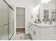 Bathroom showcasing a glass shower, double vanity, and access to a walk-in closet at 244 N Race St, Statesville, NC 28677