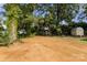 Large cleared backyard showing exposed soil, surrounded by mature trees, and additional backyard space for new construction at 341 Bynum Ave, Rock Hill, SC 29732