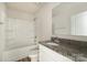 Bathroom featuring a shower-tub combo, granite vanity, and neutral decor at 3944 Wade E Morgan Rd, Charlotte, NC 28269