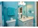 Bathroom with a toilet, sink, mirror, and blue walls at 8364 Chaceview Ct, Charlotte, NC 28269