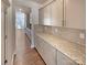 Gourmet kitchen featuring granite countertops, tile backsplash, and modern gray cabinetry at 2085 Saddlebred Dr, Iron Station, NC 28080