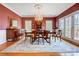 Elegant dining room featuring a chandelier, large table, and access to an outdoor deck at 4633 River Bluff Ct, Charlotte, NC 28214