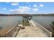 Waterfront property featuring a private dock with a boat lift and space for outdoor seating at 4633 River Bluff Ct, Charlotte, NC 28214
