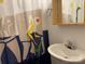 Bright bathroom featuring a unique shower curtain, white sink and a wooden-framed mirror at 5434 Beckhaven Ln, Charlotte, NC 28216