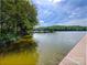 Picturesque lake view with a wooden dock and boats, surrounded by lush greenery at 8212 Merryvale Ln, Charlotte, NC 28214