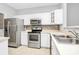 Well-equipped kitchen features stainless steel appliances, white cabinets, and tile flooring at 10663 Hill Point Ct, Charlotte, NC 28262