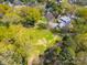 Aerial view showcases the home's placement on a lush, tree-filled lot at 121 N Congress St, York, SC 29745