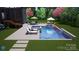 Stunning pool area featuring sun loungers, spa, and a serene waterfall, perfect for relaxation and outdoor enjoyment at 180 Twin Sisters Ln, Mooresville, NC 28117