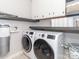 Well-organized laundry room with washer, dryer, storage cabinets, and floating shelves at 207 Windsor Greene Dr, Monroe, NC 28110