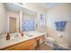 Cozy bathroom featuring a vanity with a sink, mirror, and a shower with a floral patterned curtain at 7361 Sun Dance Dr, Fort Mill, SC 29707