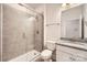 Bathroom features a tiled walk-in shower, vanity with granite countertop and a toilet at 120 Hornbeam Ln, Mooresville, NC 28117