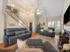 Inviting living room with high ceilings, a cozy fireplace, and comfortable blue leather seating at 3229 Leicester Dr, Matthews, NC 28104