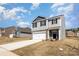 Charming two-story home boasts a gray exterior, stone accents, attached garage, and manicured lawn at 3309 Colorado Blue Ct, Gastonia, NC 28056