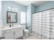 Bathroom featuring blue walls, shower with a white curtain, and white vanity with sink at 4102 Harmony Hills Dr, Matthews, NC 28104