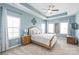 Serene main bedroom with a tray ceiling, blue walls, and ample natural light at 4102 Harmony Hills Dr, Matthews, NC 28104